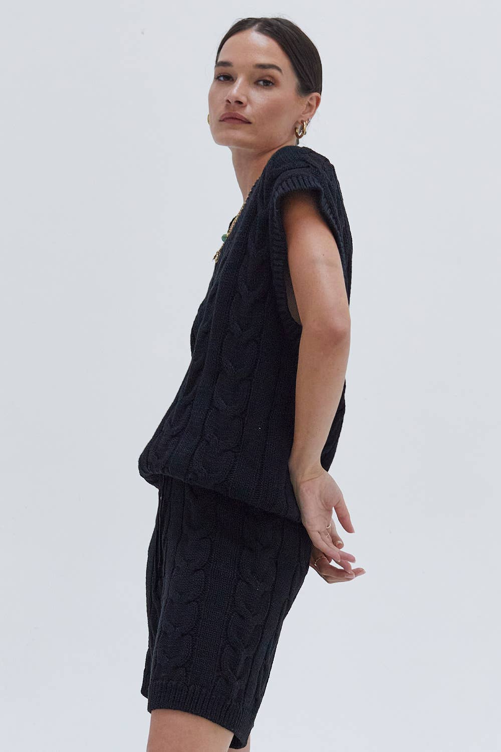 Cable Knitted Oversized Vest 2 Piece Set