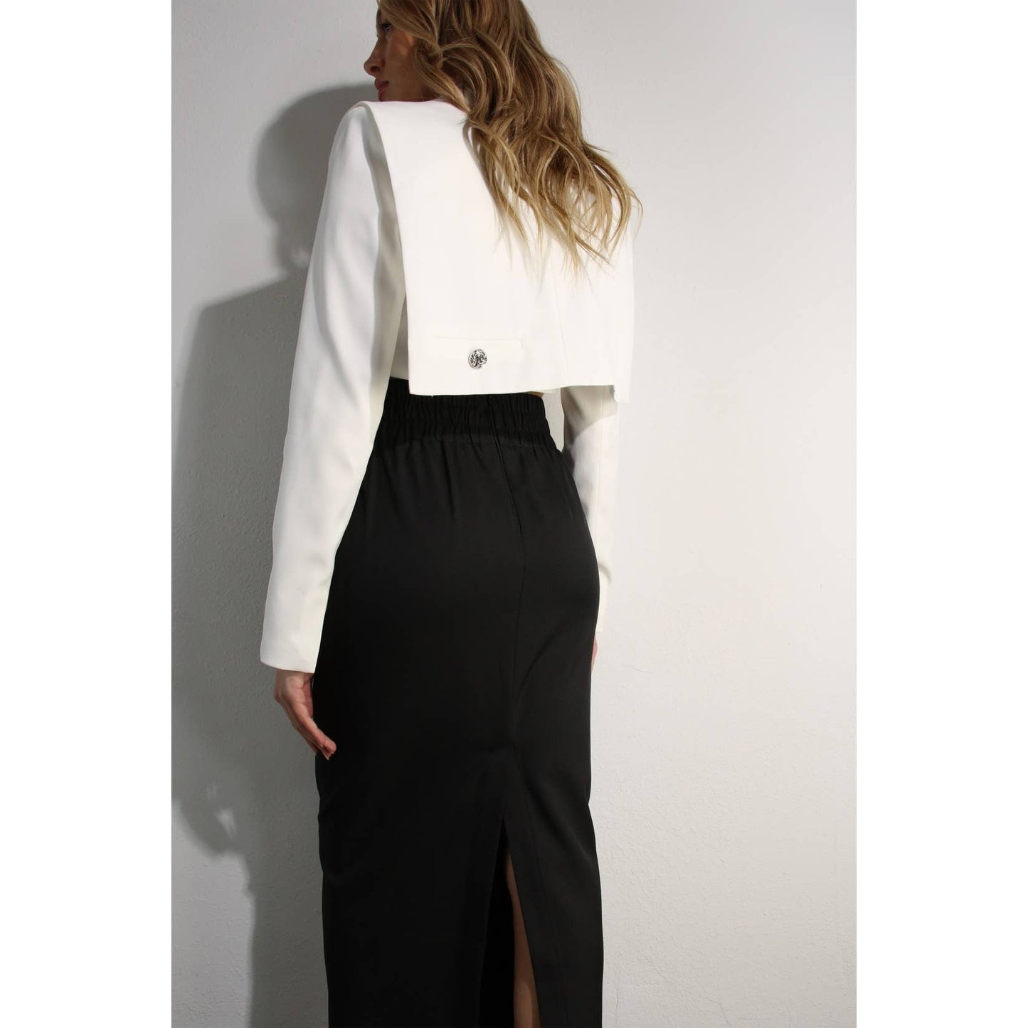 White Cropped Blazer & Black High-Waisted Maxi Skirt Set