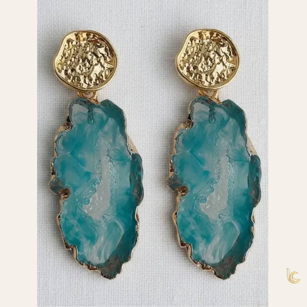 Blue Agate Geometric Gold Drop Earrings