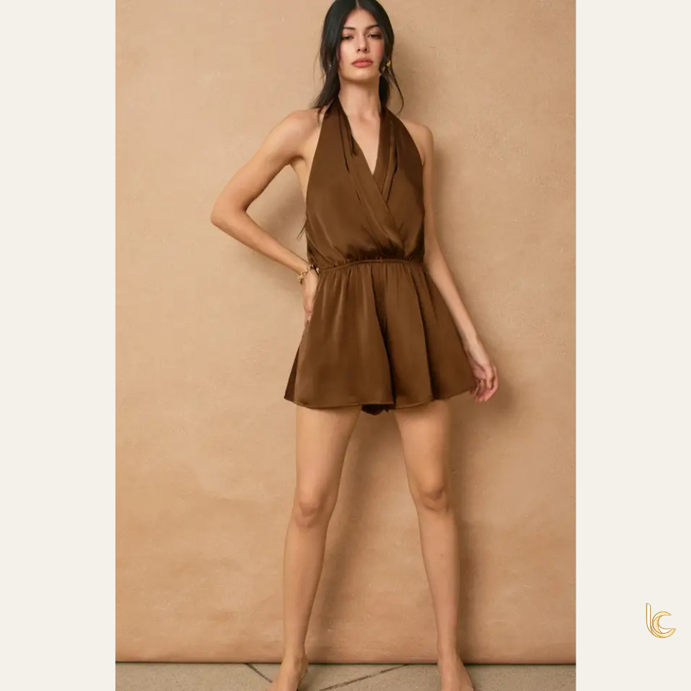 Satin Halter Open Back Romper
