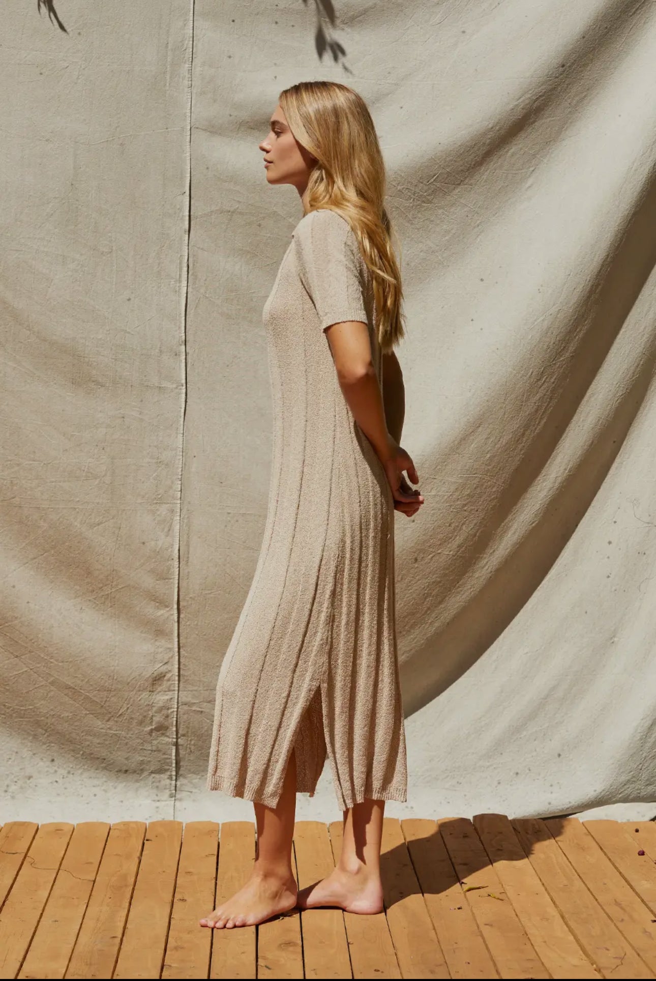 Beige Knit Collar Midi Dress – Minimalist Elegance