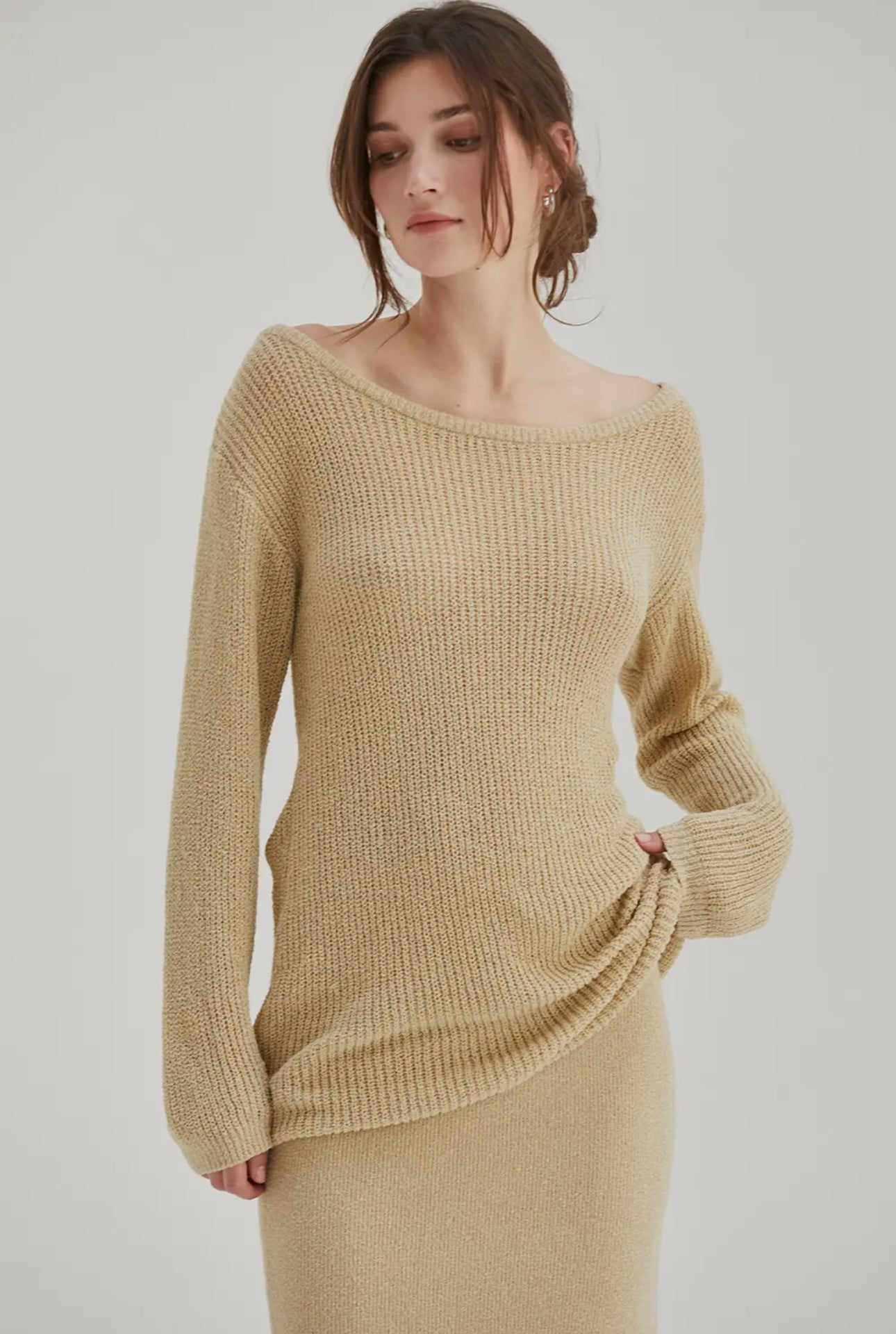 Beige Off-Shoulder Knit Top & Skirt Set – Minimalist Chic