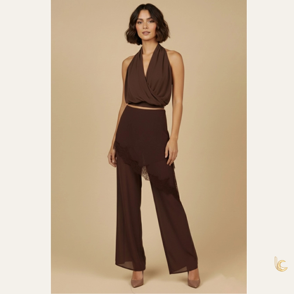 Halter Top & Wide-Leg Pants Set – Lace Trim Evening Two Piece Outfit