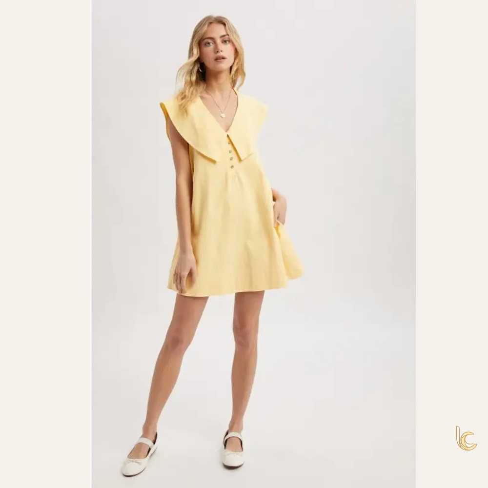 Oversized Sailor Collar Mini Dress – Cotton Summer Dress with Pockets Yellow / M