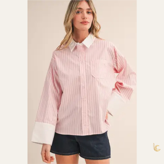Pink Stripe Contrast Collar Cotton Shirt