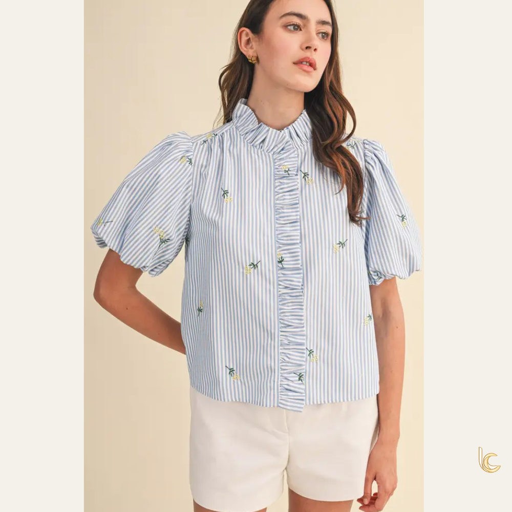 Floral Embroidered Stripe Ruffle Blouse