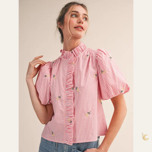 Floral Embroidered Stripe Ruffle Blouse