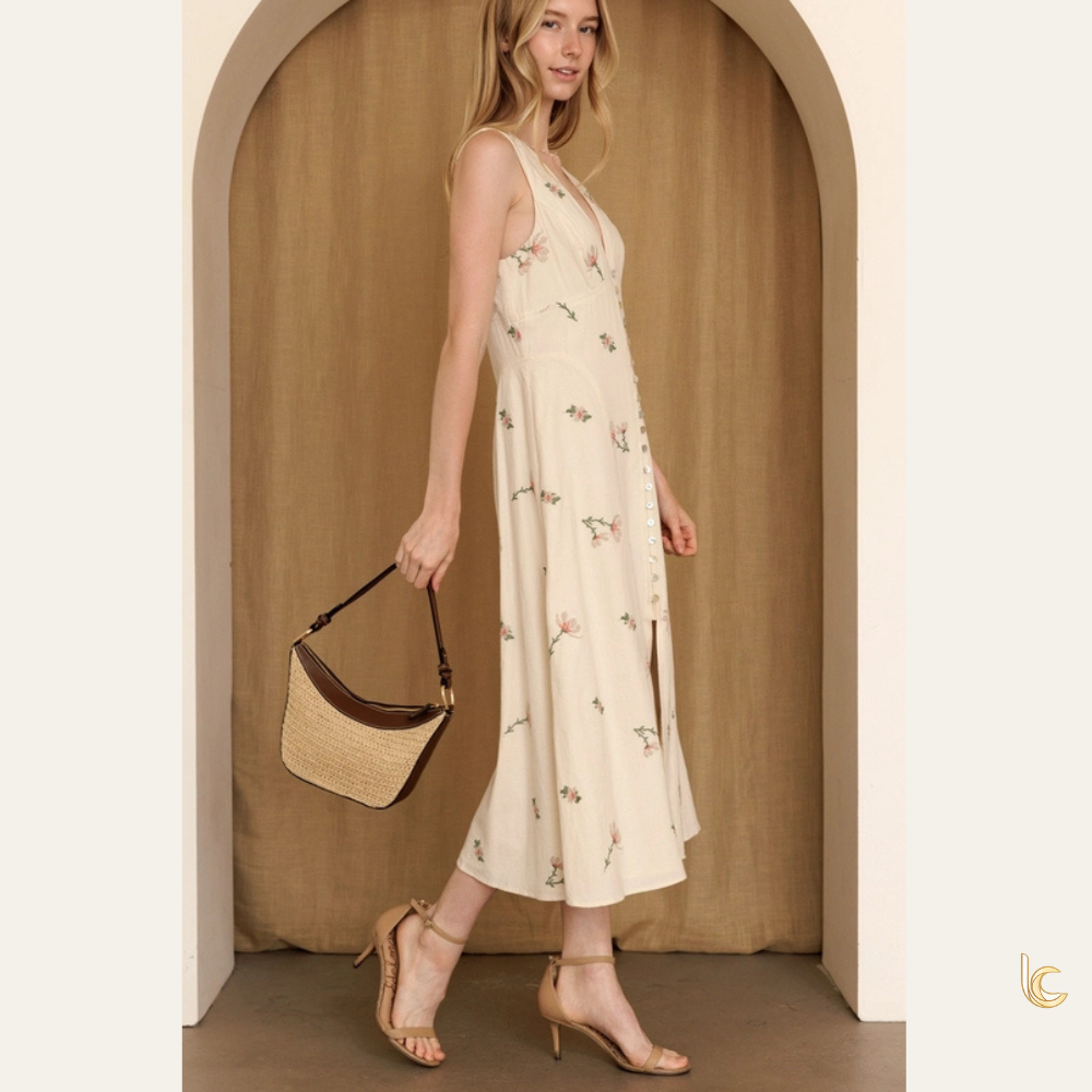 Ivory Embroidered Floral Cotton Midi Dress