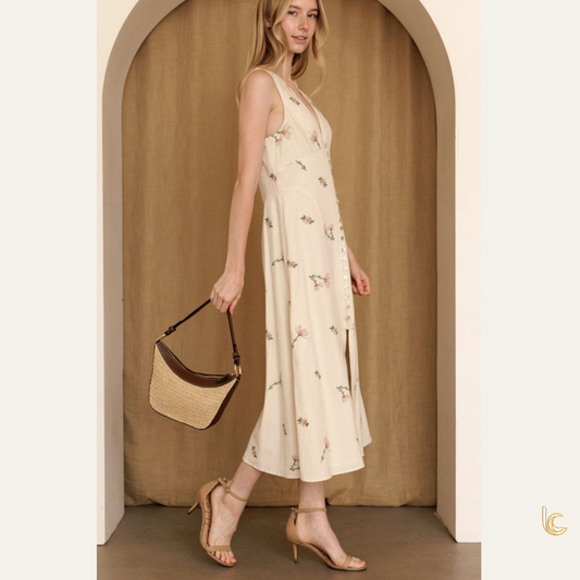 Ivory Embroidered Floral Cotton Midi Dress