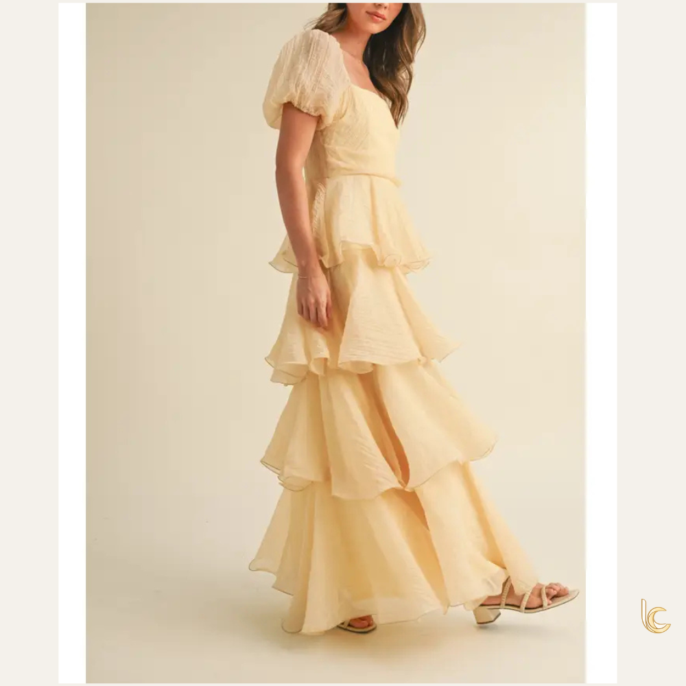 Buttercream Puff Sleeve Tiered Ruffle Maxi Dress