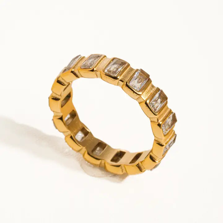 Non-Tarnish Gold Rhinestone Ring – Waterproof Stainless Steel Cubic Zirconia Eternity Band