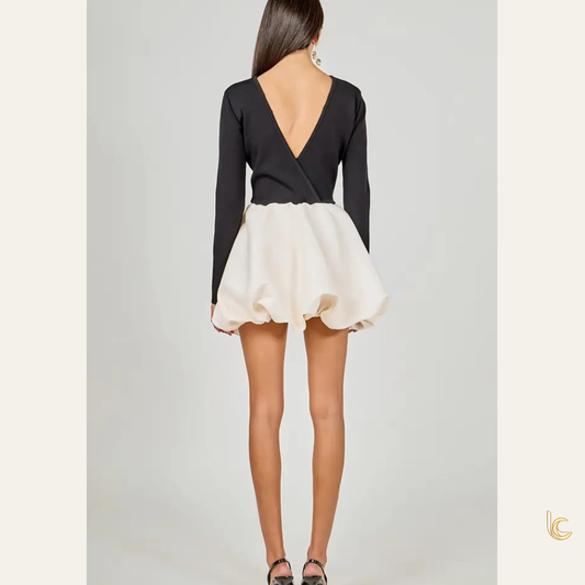 Open Back Knit Bubble Mini Dress – Long Sleeve Black & Ivory Contrast Party Dress