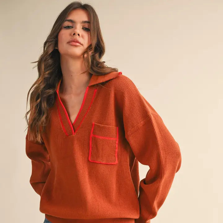 Contrast Trim Ribbed Collared Pullover Sweater