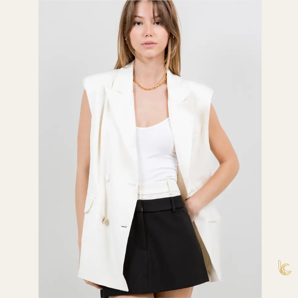 Ivory Structured Woven Vest Jacket with Accent Gold Button