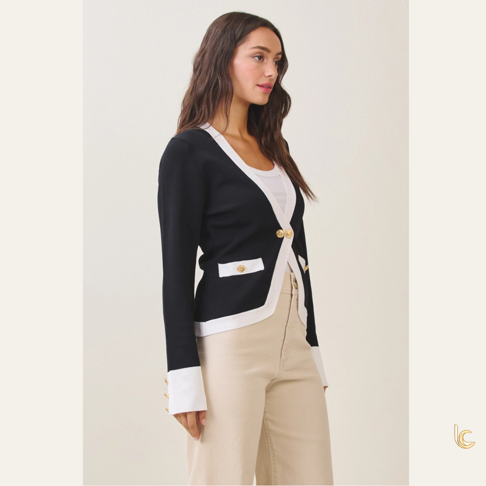 Two-Tone Knit Cardigan Sweater Jacket – Gold Button Colorblock Cardigan