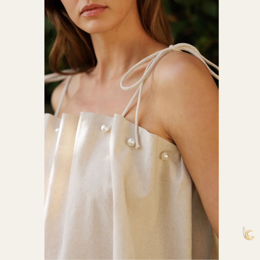 Linen Tie Strap Tank Top – Pearl Detail Summer Blouse