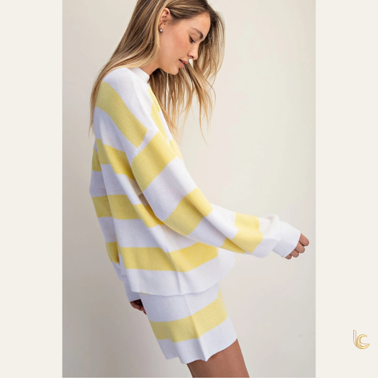 Striped Knit Sweater Set – Oversized Long Sleeve Top & High Waist Shorts