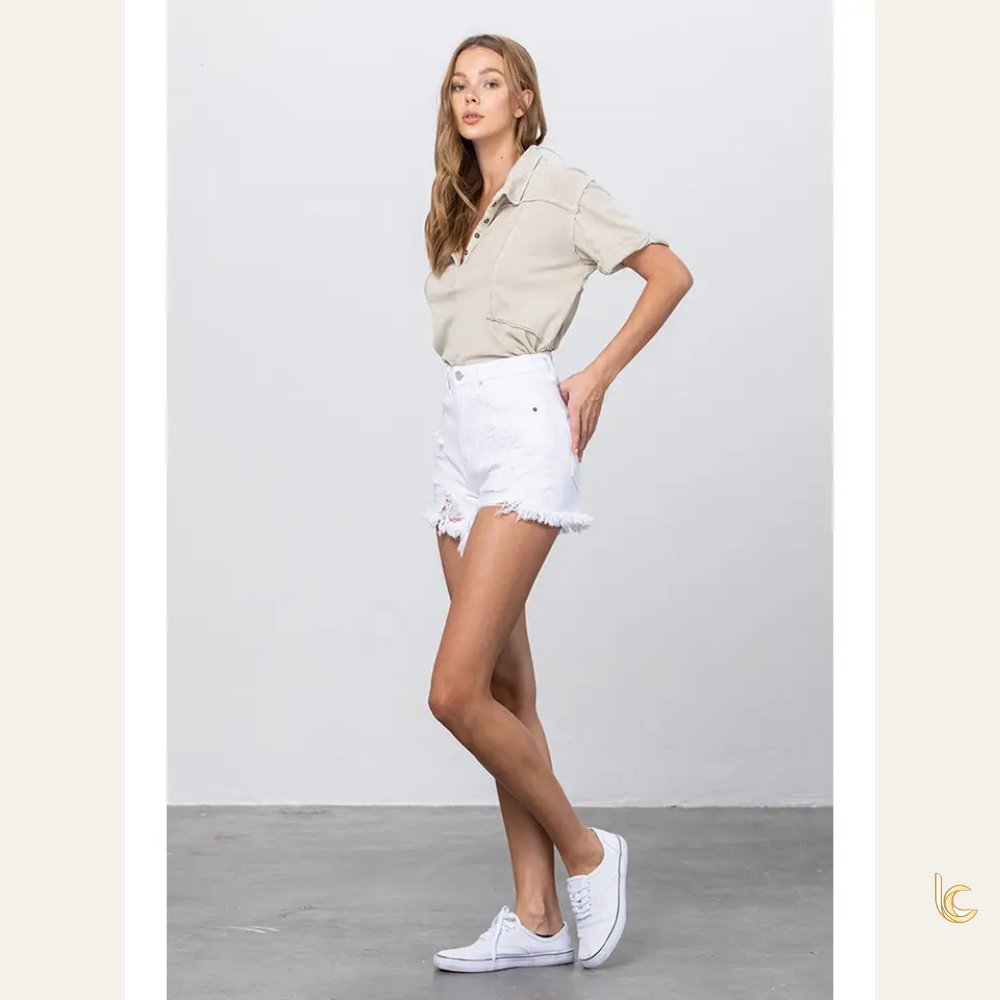 High Rise Distressed White Denim Shorts – Frayed Hem