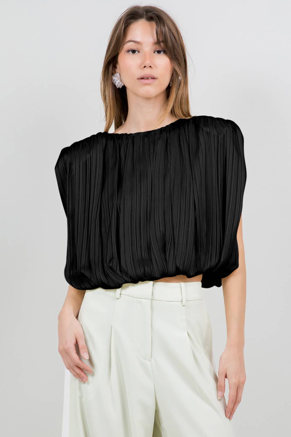 Black Pleated Satin Blouse – Modern Minimalist Top