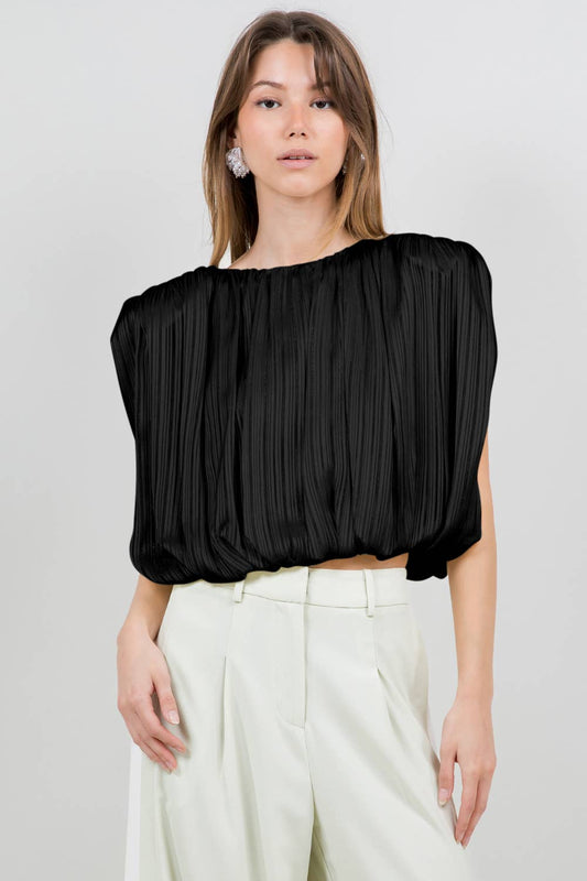 Black Pleated Satin Blouse – Modern Minimalist Top