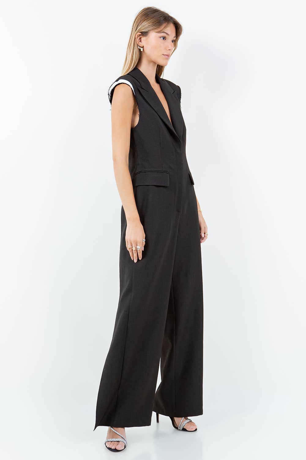 Black Tailored Jumpsuit with Exposed Shoulder Pads & Sleek Fit