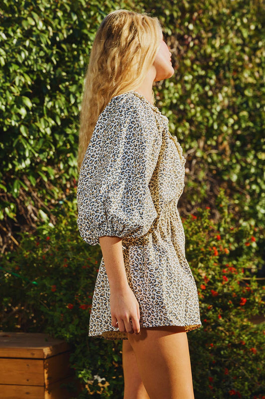 Leopard Print Puff Sleeve Romper