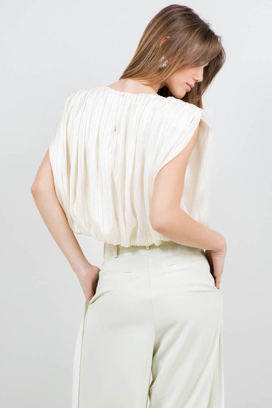 Cream Pleated Satin Blouse – Modern Minimalist Top