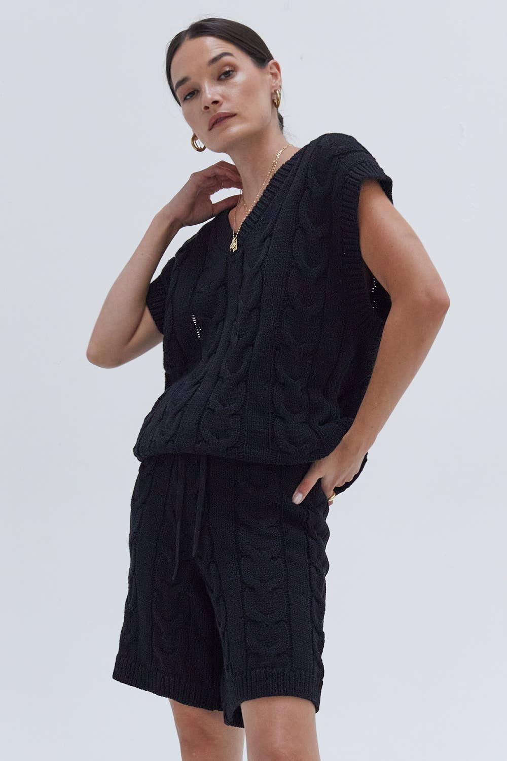 Cable Knitted Oversized Vest 2 Piece Set