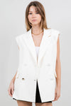 Ivory Structured Woven Vest Jacket with Accent Gold Button