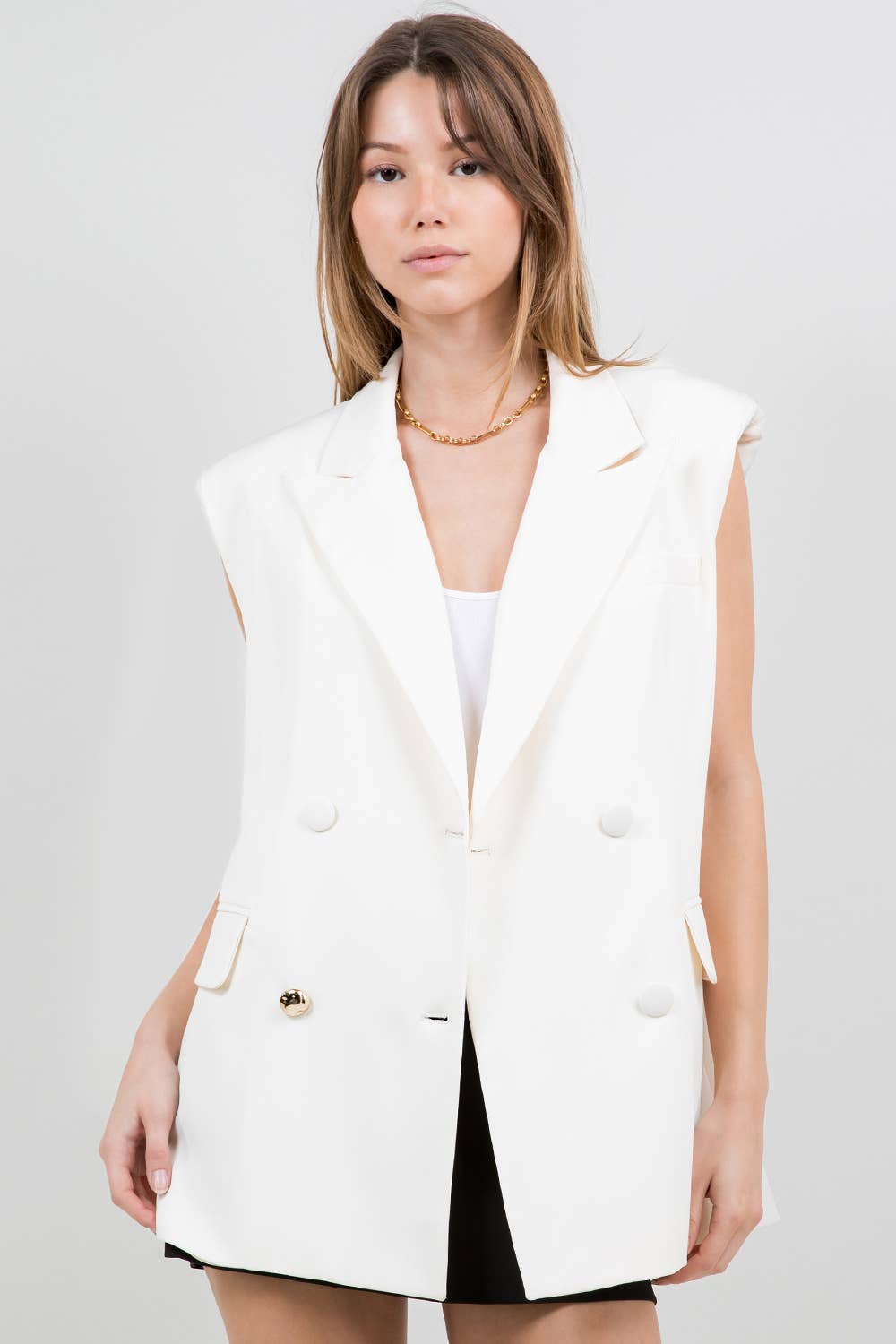 Ivory Structured Woven Vest Jacket with Accent Gold Button