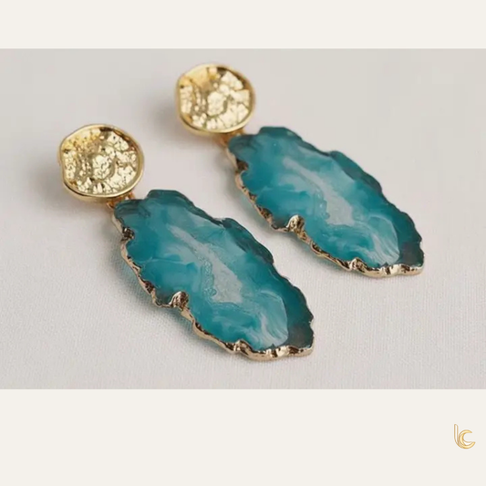 Blue Agate Geometric Gold Drop Earrings