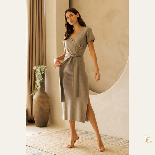 Front Tie Wrap-Style Knit Midi Dress