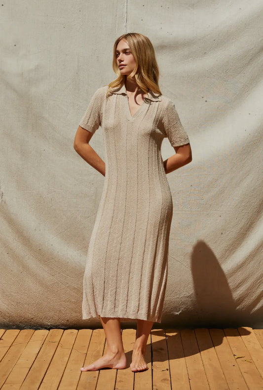 Beige Knit Collar Midi Dress – Minimalist Elegance