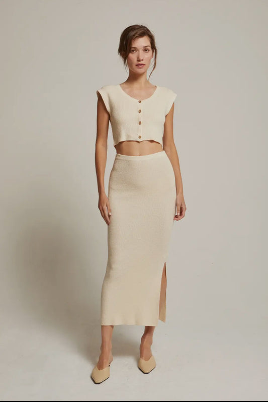 Cream Knit Two-Piece Set – Cropped Button Top & Slit Midi Skirt