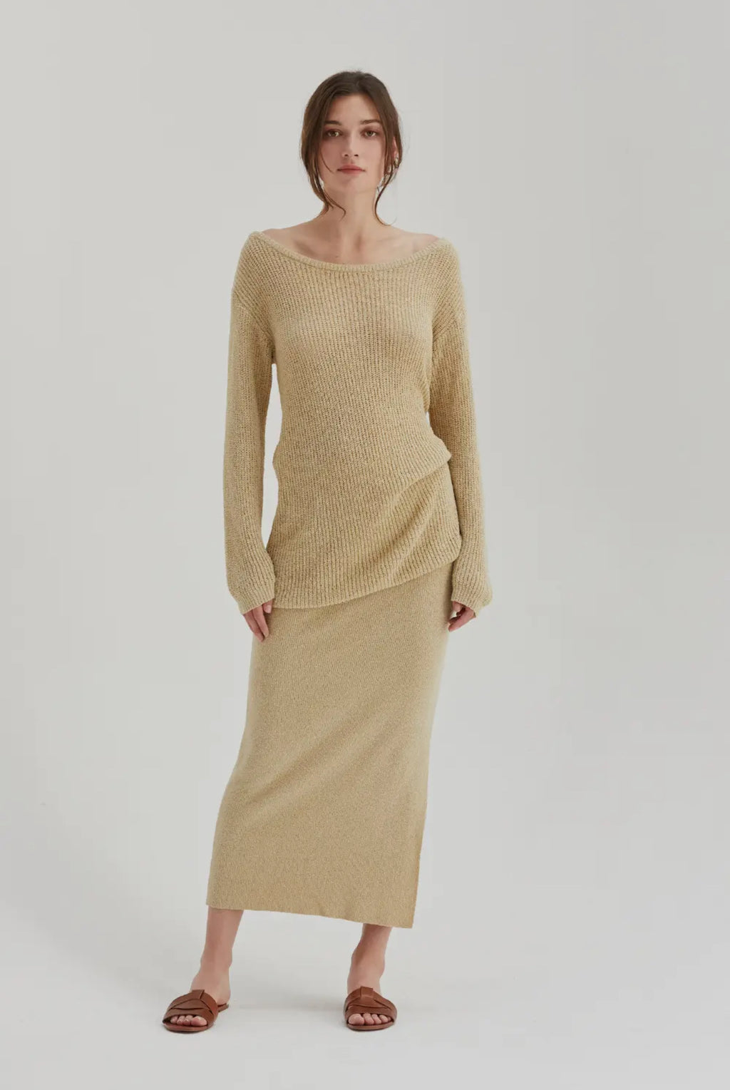 Beige Off-Shoulder Knit Top & Skirt Set – Minimalist Chic