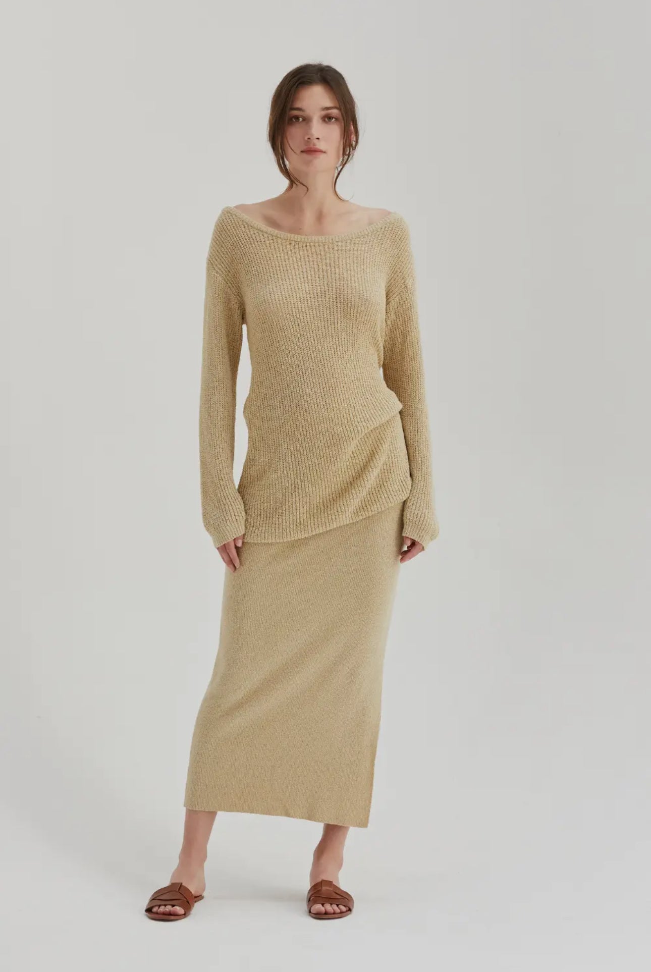Beige Off-Shoulder Knit Top & Skirt Set – Minimalist Chic