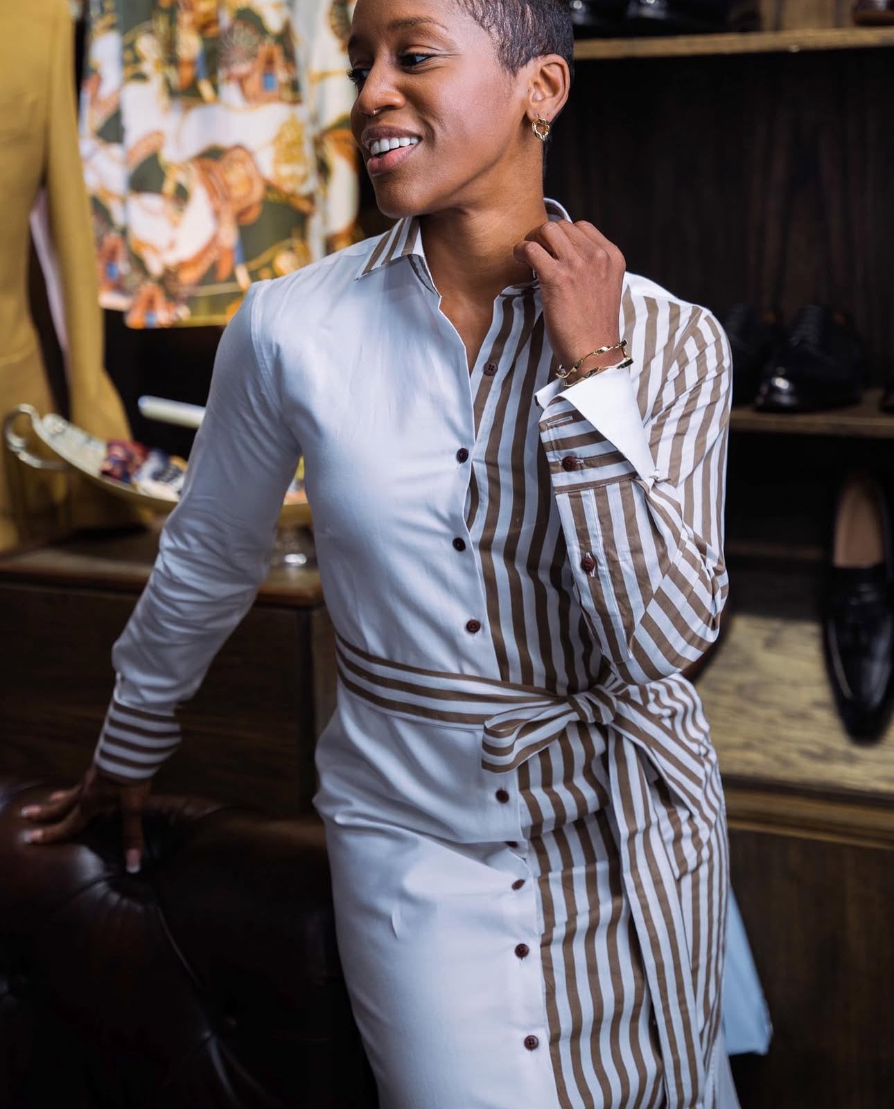 Half & Half Stripe Tailored Shirt Dress