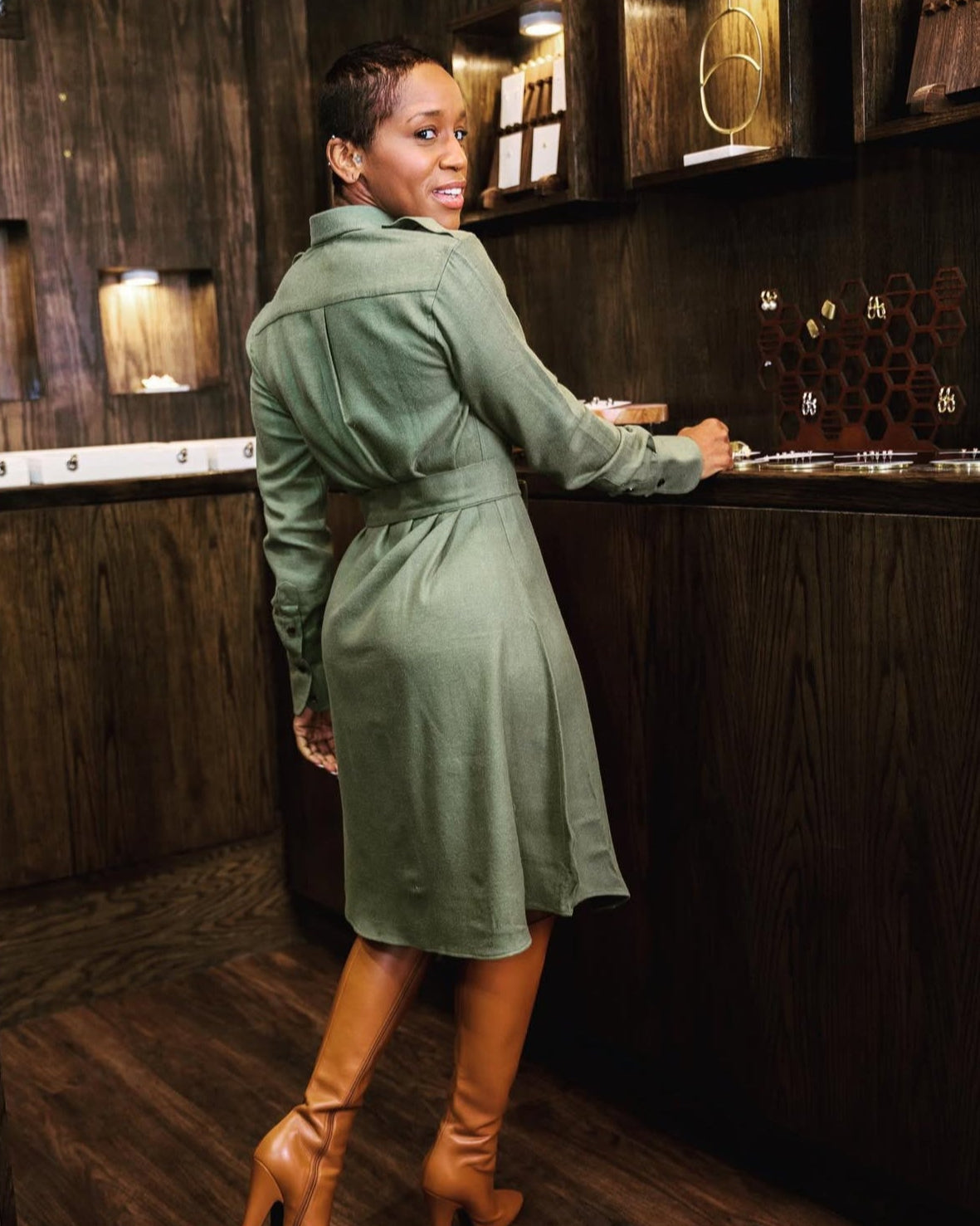 Khaki Green Tailored Shirt Dress
