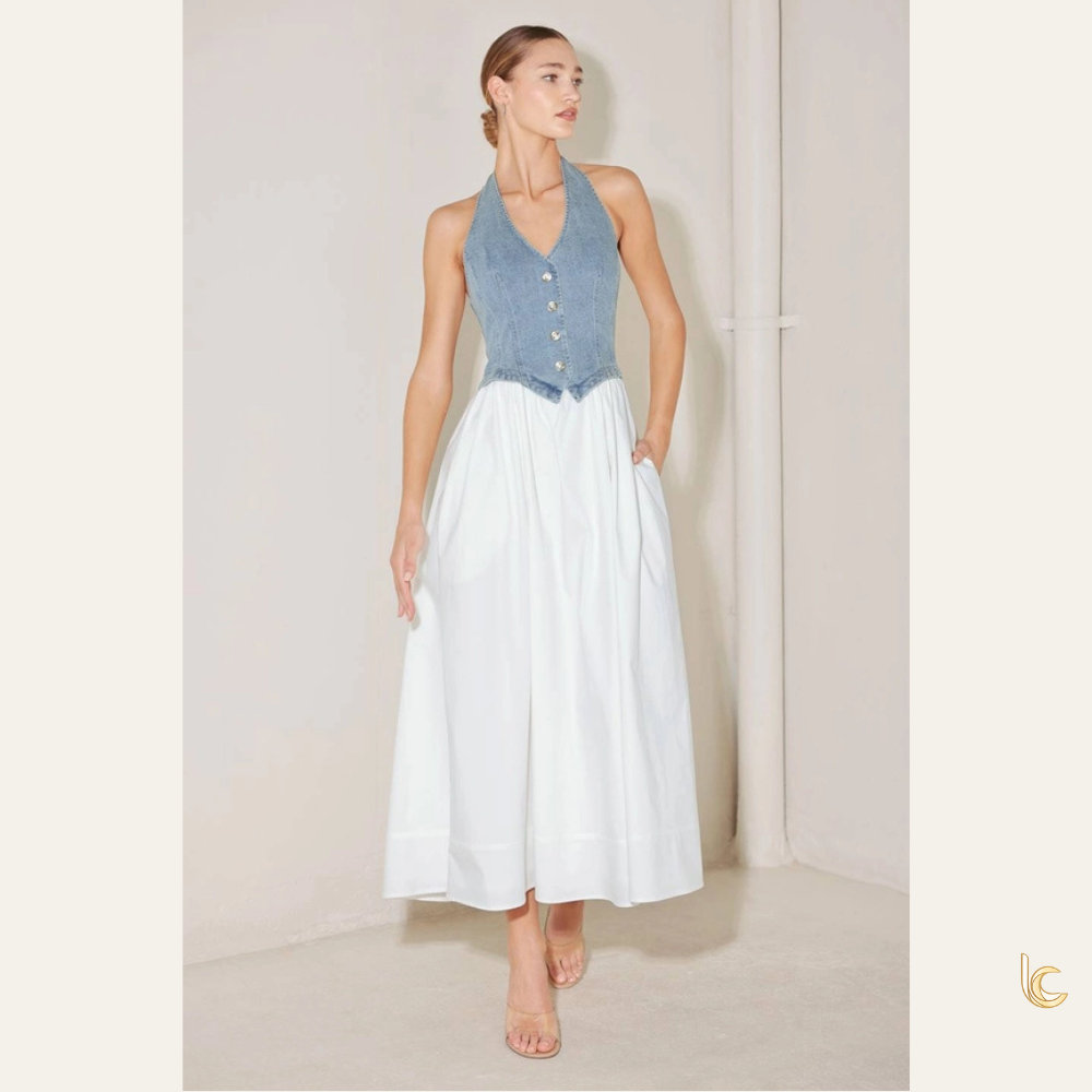 Denim Halter Midi Dress – Button Front Vest Bodice Full Skirt Dress