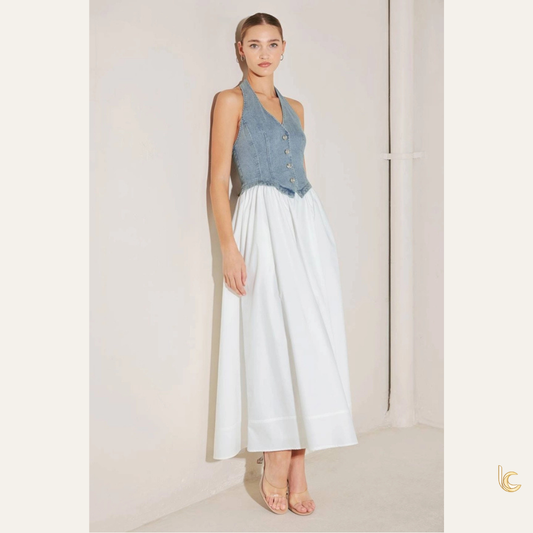 Denim Halter Midi Dress – Button Front Vest Bodice Full Skirt Dress