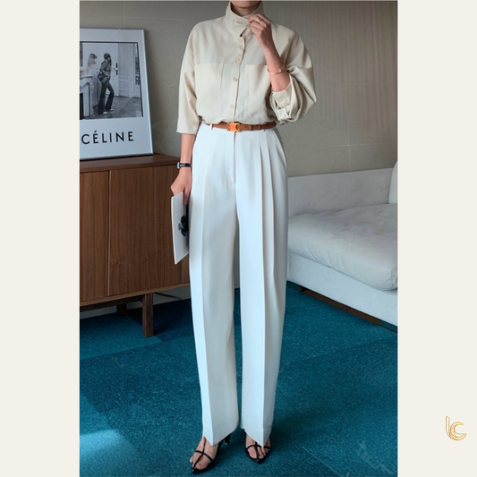 Silky High-Neck Blouse — Natural Beige