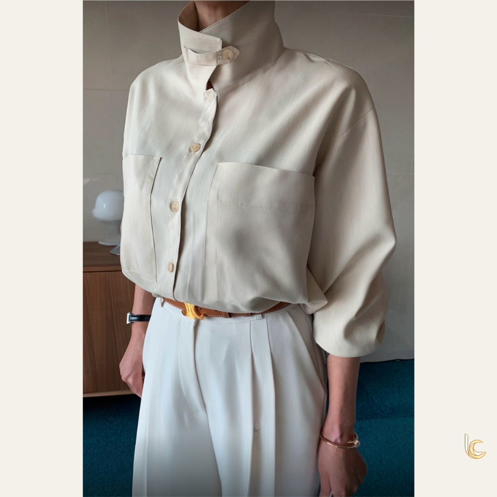 Silky High-Neck Blouse — Natural Beige