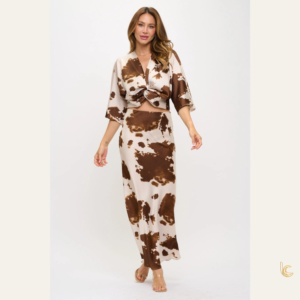Cow Print Front Twist Top & Skirt -Made in USA