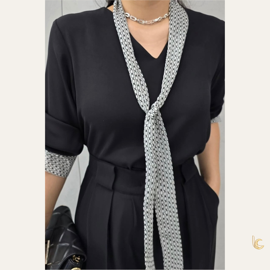 V-Neck Scarf Blouse – Elegant Stretch Silk-Feel Office Top
