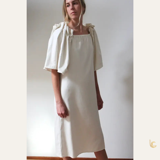 Structured Silk Midi Dress with Pleated Bell Sleeves | Made in USA