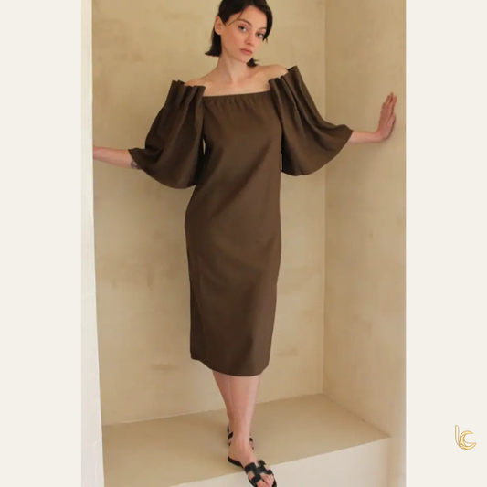 Structured Silk Midi Dress with Pleated Bell Sleeves | Made in USA