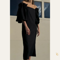 Structured Silk Midi Dress with Pleated Bell Sleeves | Made in USA
