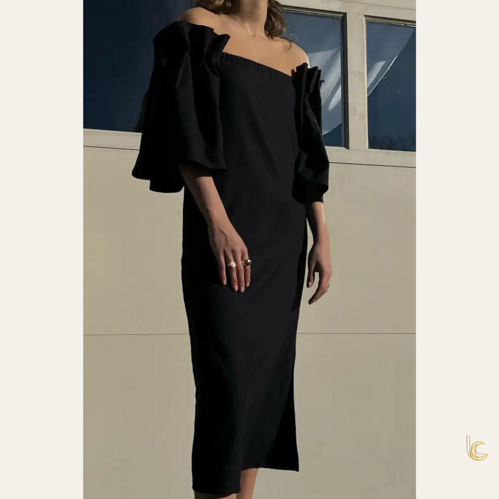 Structured Silk Midi Dress with Pleated Bell Sleeves | Made in USA