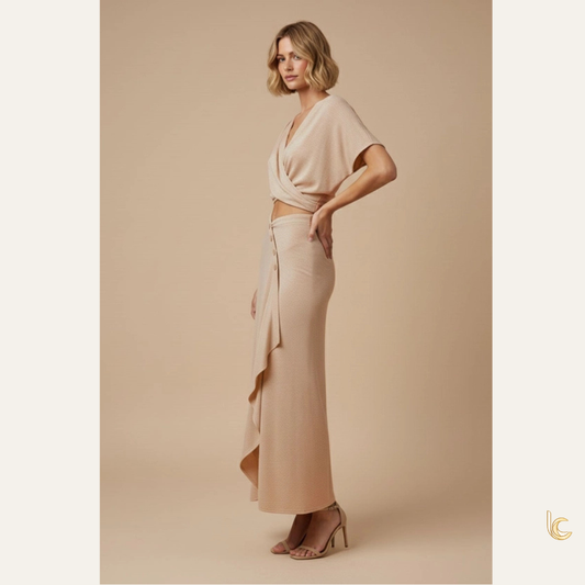 Wrap Crop Top & Draped Maxi Skirt Set – Resort Two Piece Outfit
