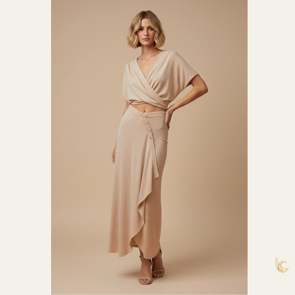 Wrap Crop Top & Draped Maxi Skirt Set – Resort Two Piece Outfit